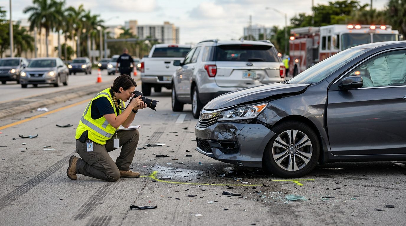 Traffic accident investigator documenting vehicle damage at multi-vehicle collision scene.
