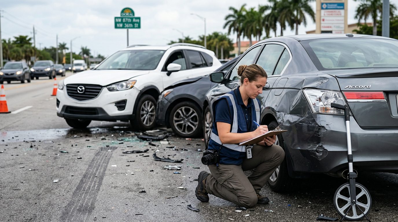 Traffic accident investigator documenting vehicle damage at multi-vehicle collision scene.