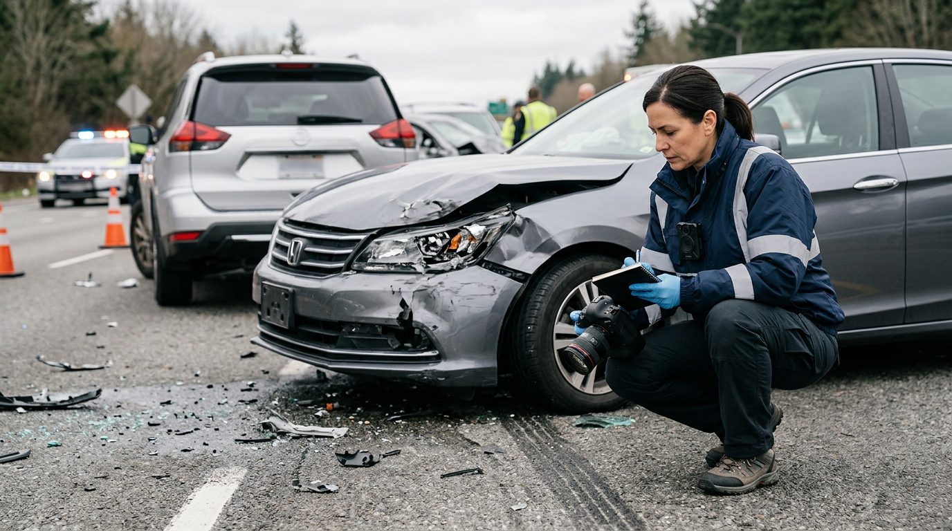 Traffic accident investigator documenting vehicle damage at multi-vehicle collision scene.