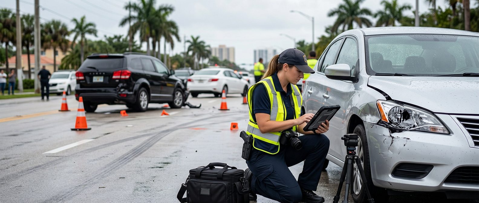 Traffic accident investigator documenting vehicle damage at multi-vehicle collision scene.
