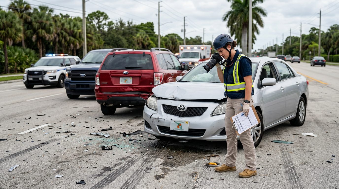 Traffic accident investigator documenting vehicle damage at multi-vehicle collision scene.