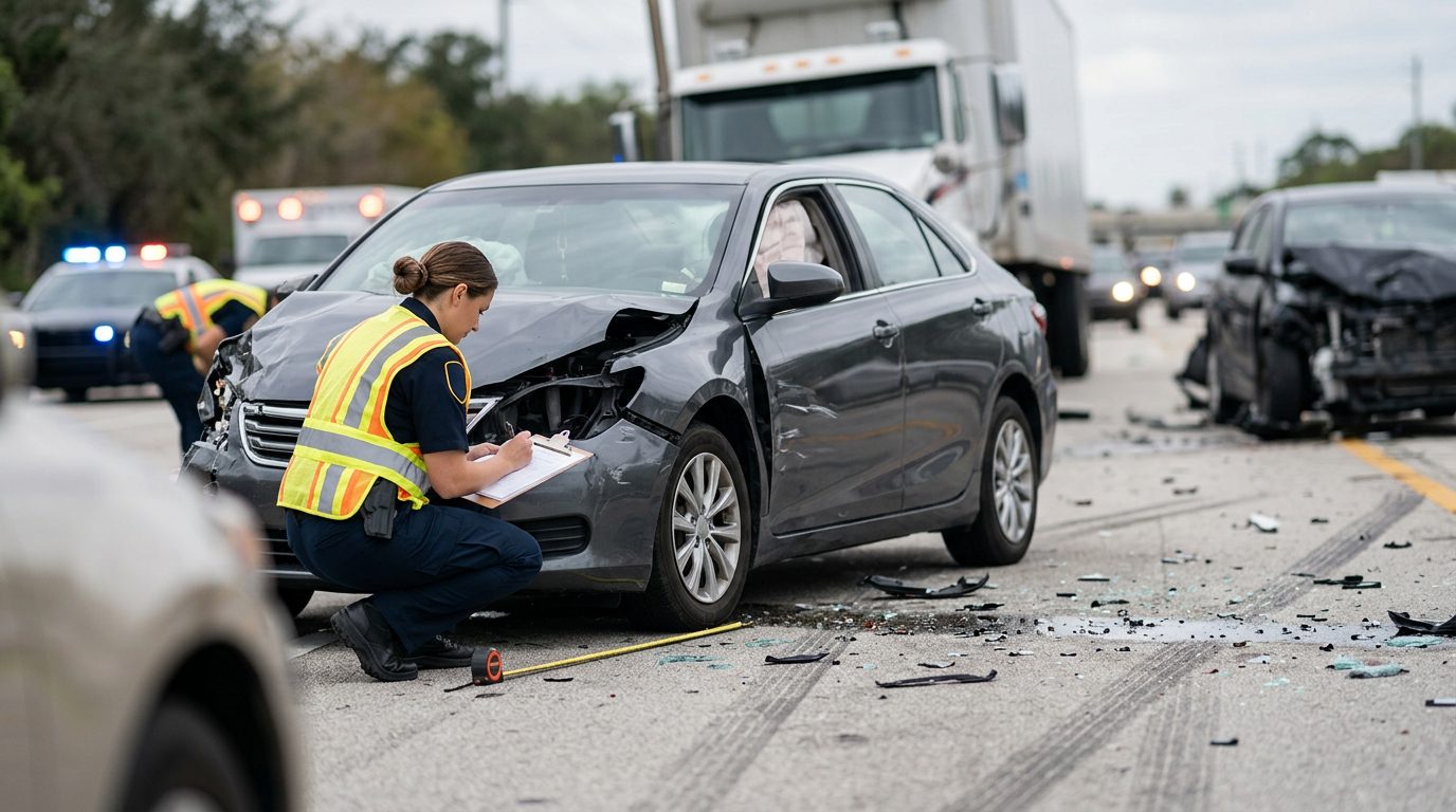 Traffic accident investigator documenting vehicle damage at a multi-vehicle collision scene.