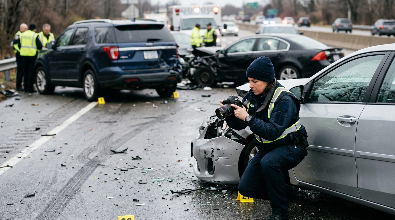 Traffic accident investigator documenting vehicle damage at multi-vehicle collision scene.