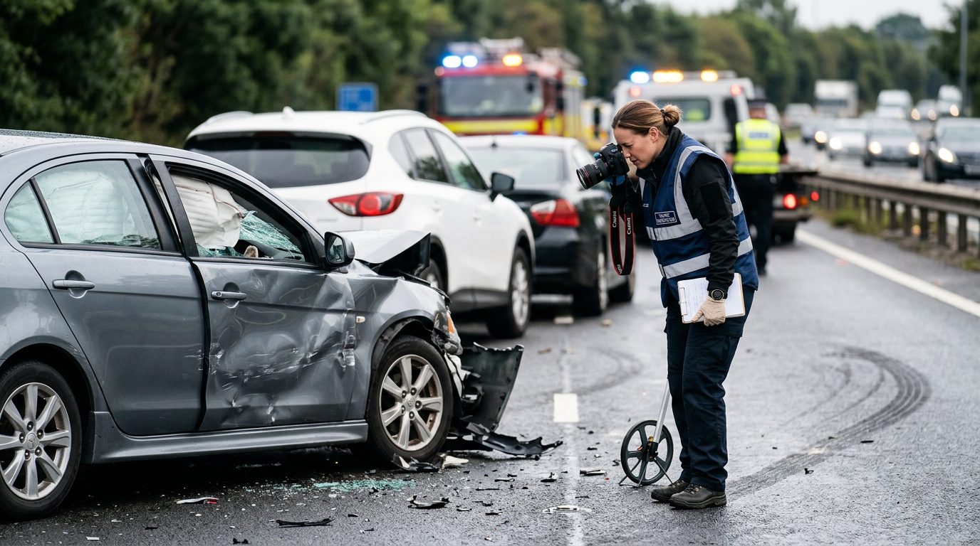 Traffic accident investigator documenting vehicle damage at a multi-vehicle collision scene.