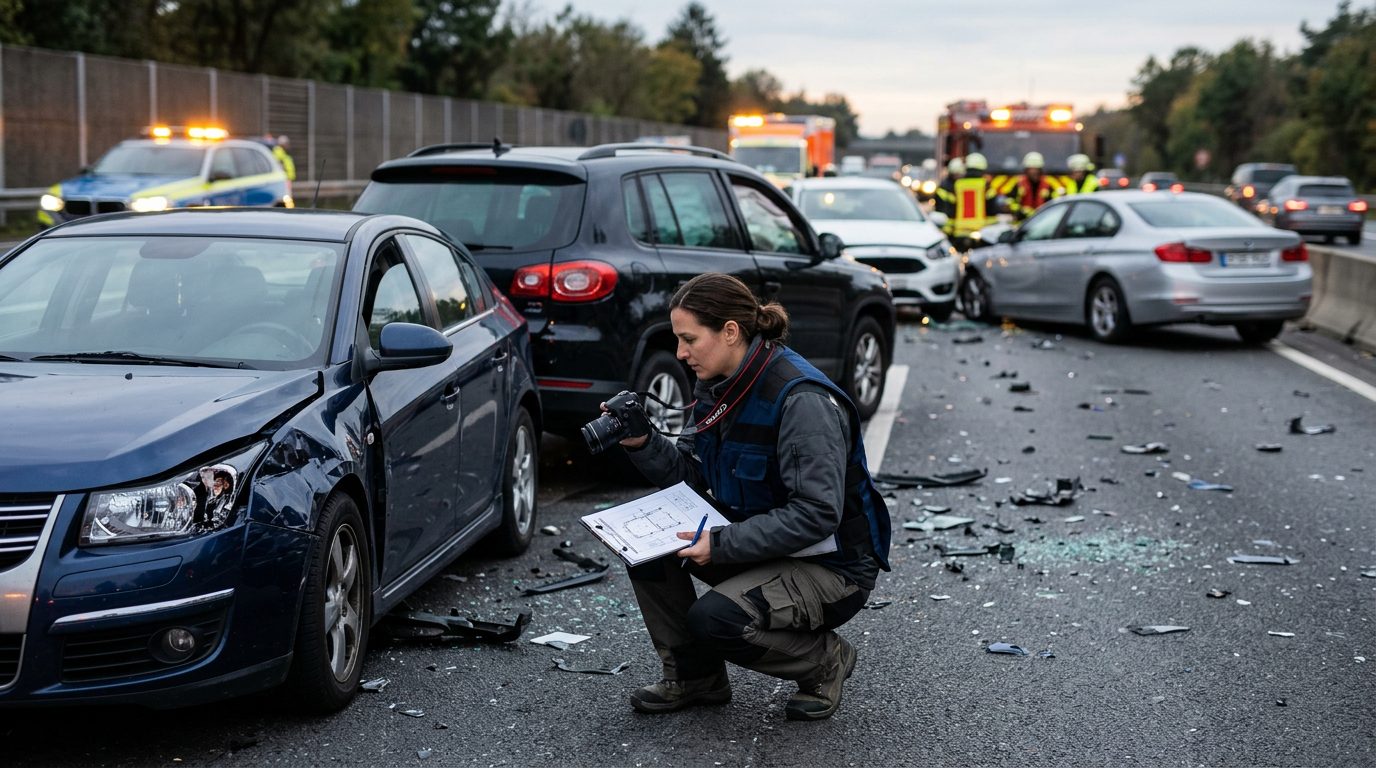Traffic accident investigator documenting vehicle damage at multi-vehicle collision scene.
