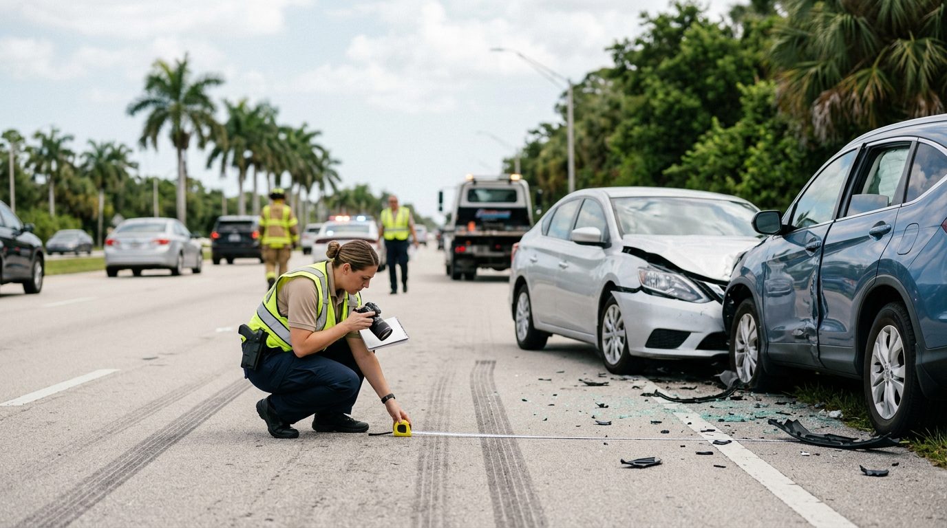 Traffic accident investigator documenting vehicle damage at multi-vehicle collision scene.