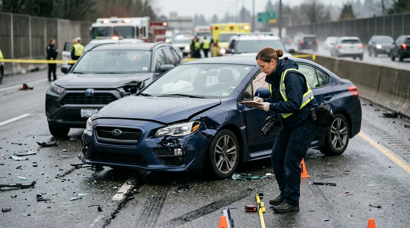 Traffic accident investigator documenting vehicle damage at multi-vehicle collision scene.