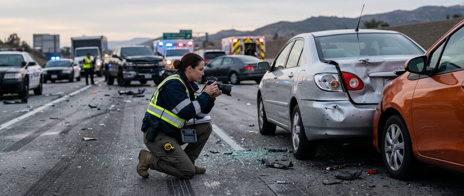 Traffic accident investigator documenting vehicle damage at multi-vehicle collision scene.