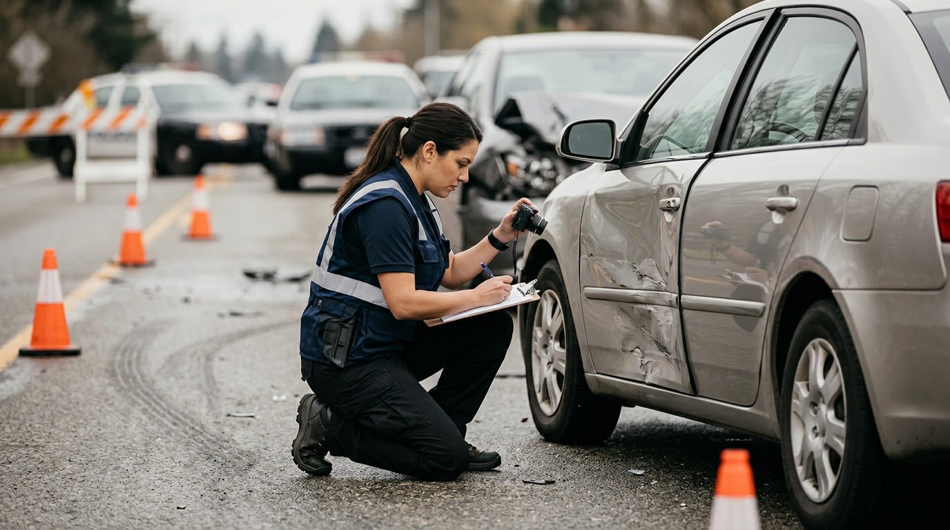 Traffic accident investigator documenting vehicle damage at multi-vehicle collision scene.