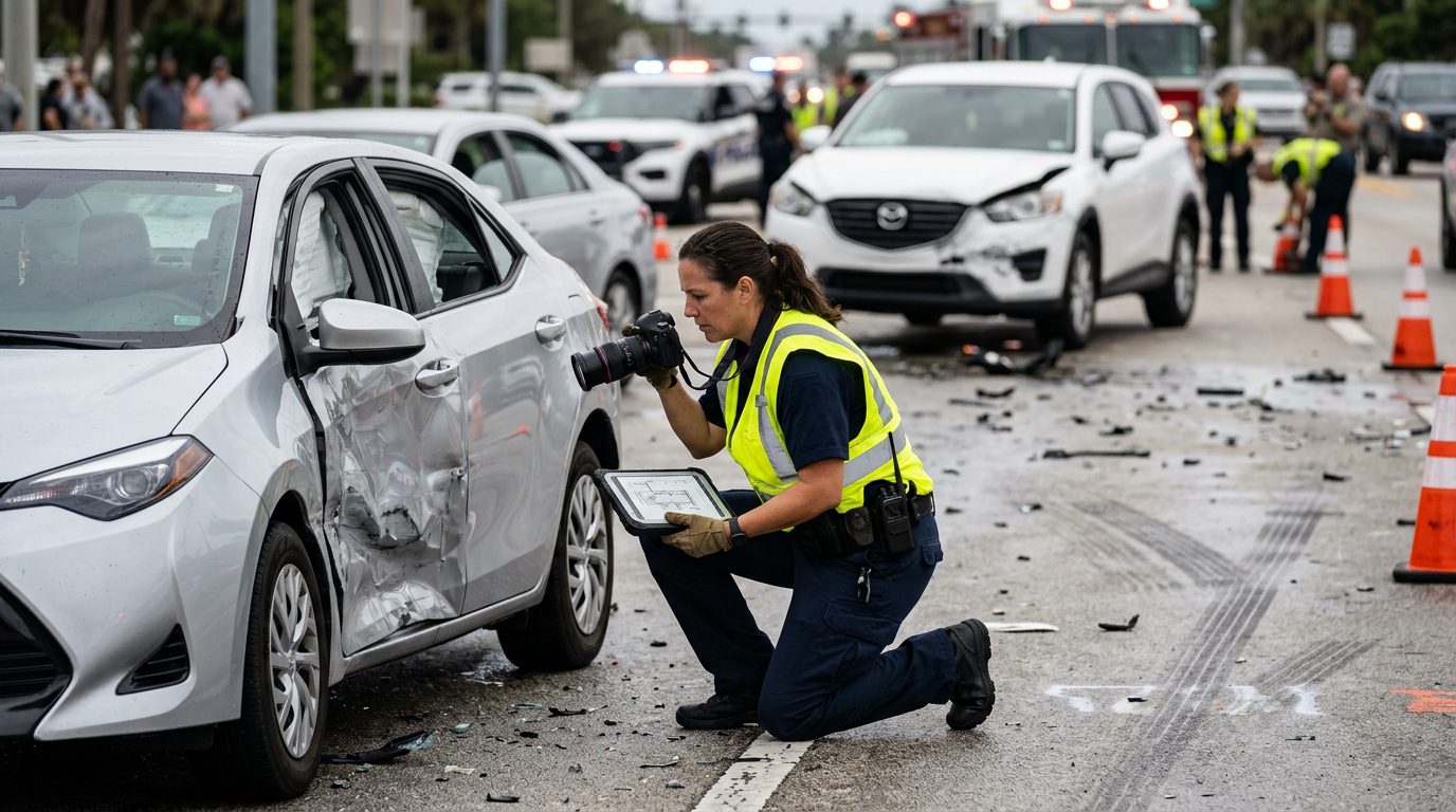 Traffic accident investigator documenting vehicle damage at a multi-vehicle collision scene.