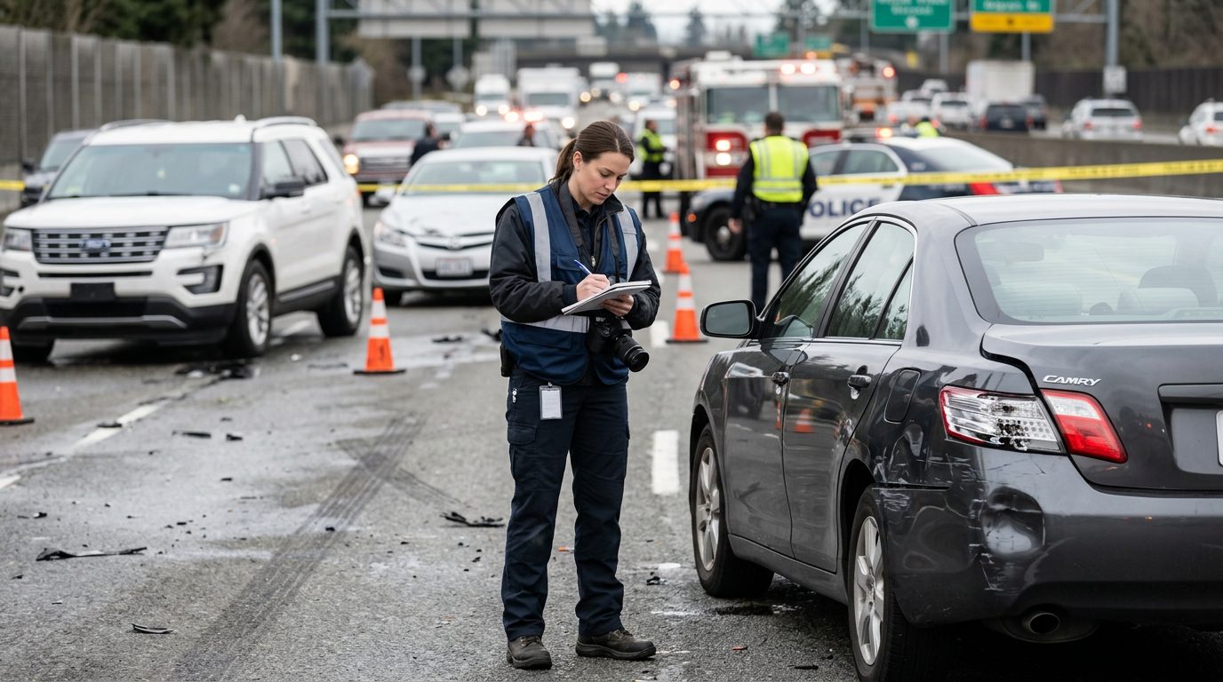 Traffic accident investigator documenting vehicle damage at a multi-vehicle collision scene.