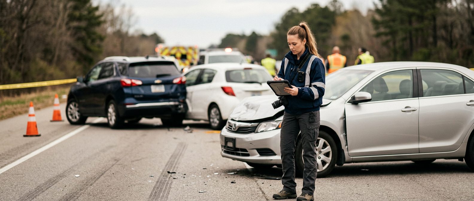 Traffic accident investigator documenting vehicle damage at a multi-vehicle collision scene.