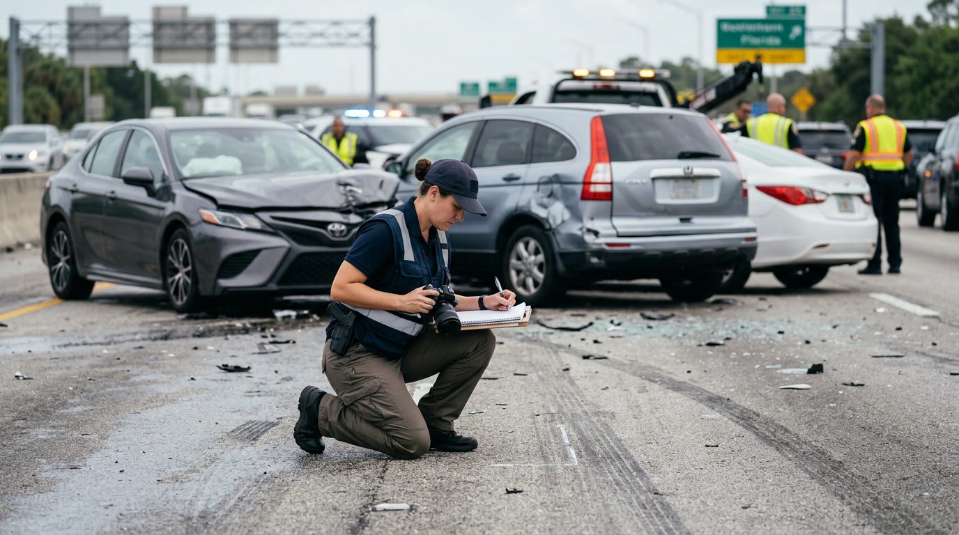 Traffic accident investigator documenting vehicle damage at multi-vehicle collision scene.