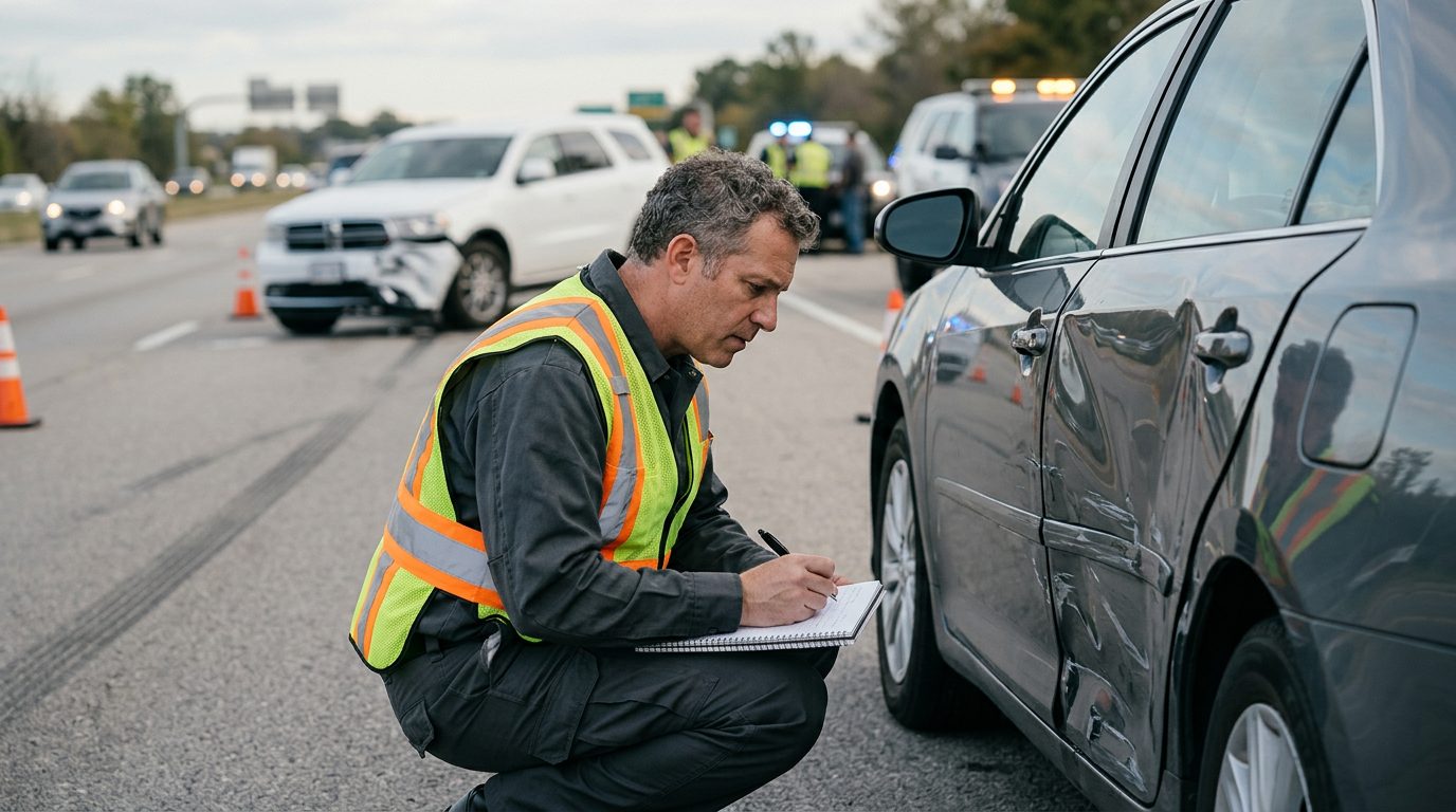Traffic accident investigator documenting vehicle damage at multi-vehicle collision scene.