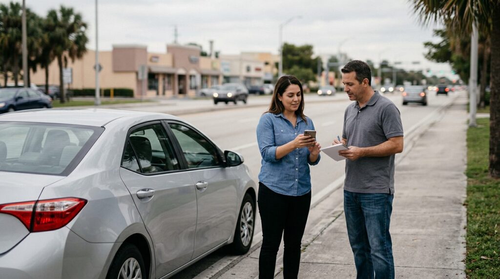 Two people exchanging information at roadside after a vehicle collision.