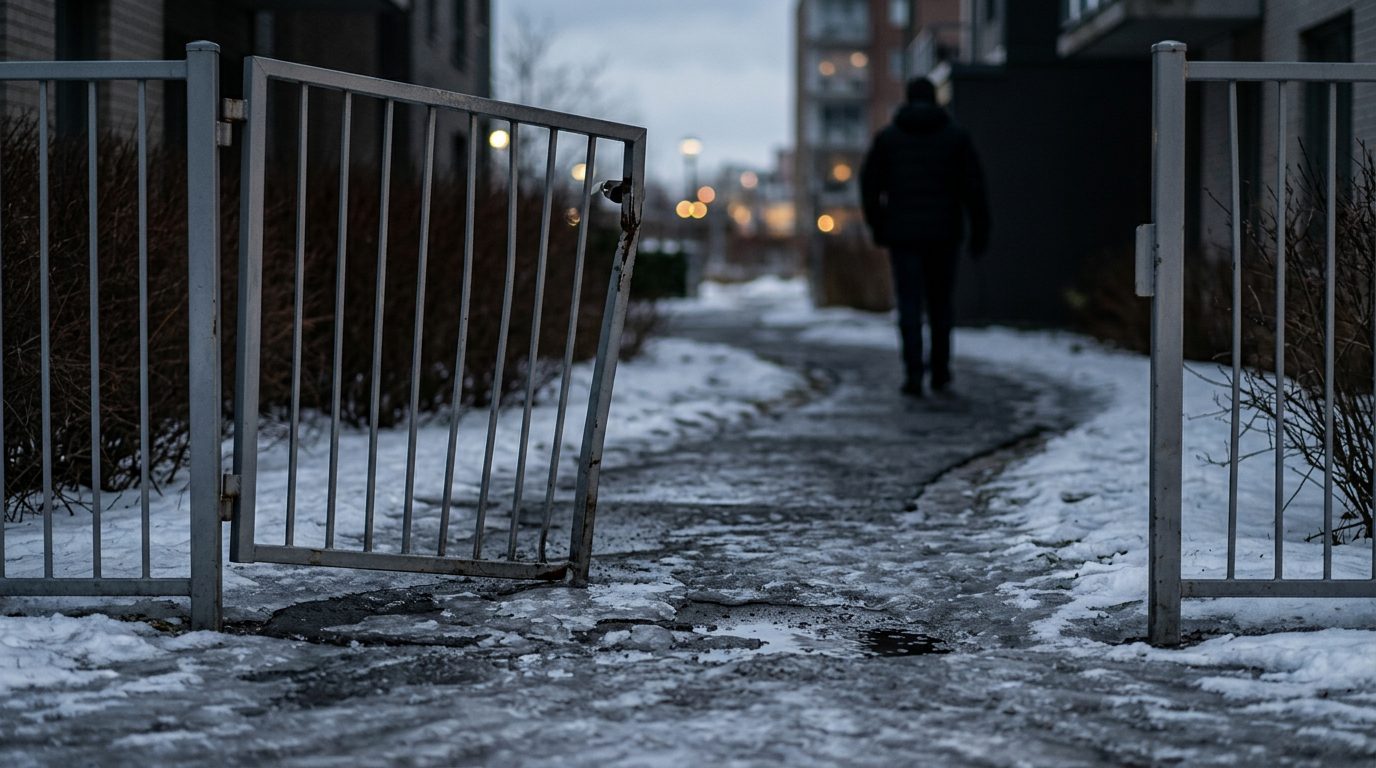 Unlit apartment walkway with broken security gate and dark entrance.