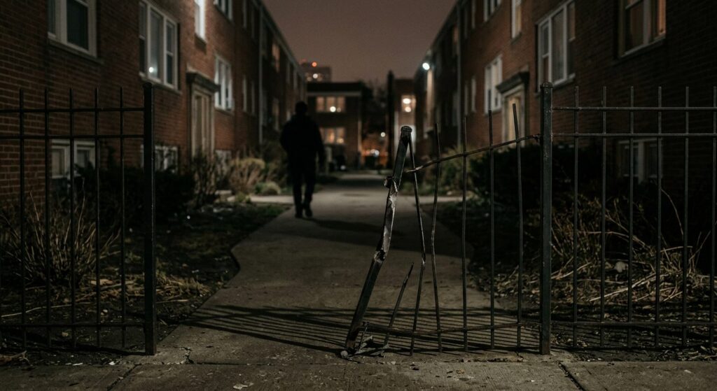 Unlit apartment walkway with broken security gate on unsafe premises.