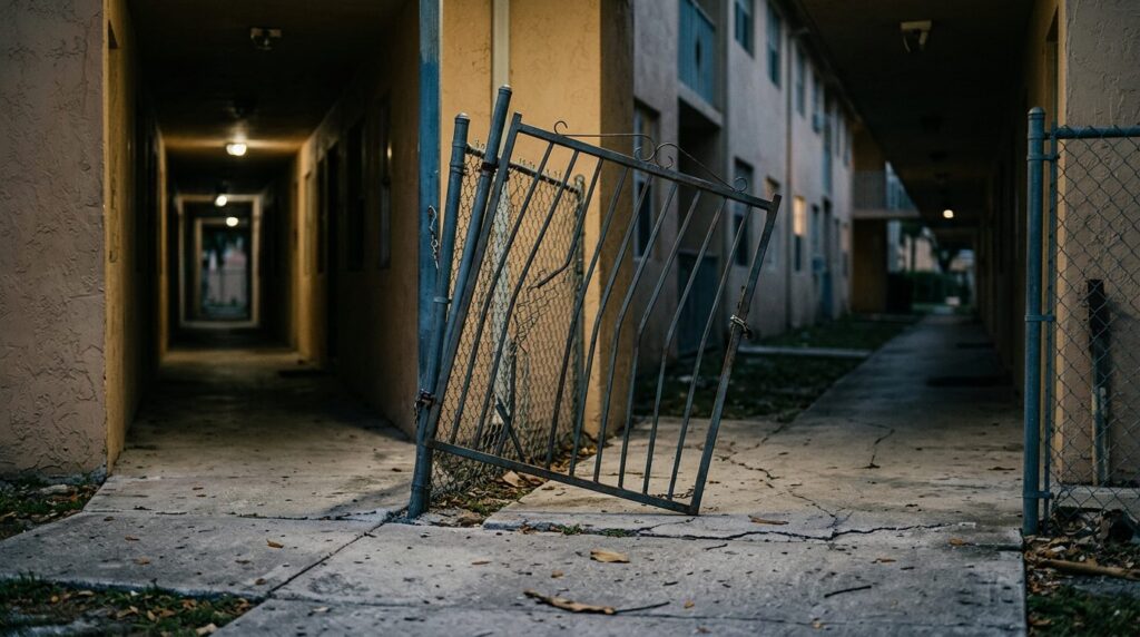 Unlit apartment walkway with broken security gate on unsafe property.