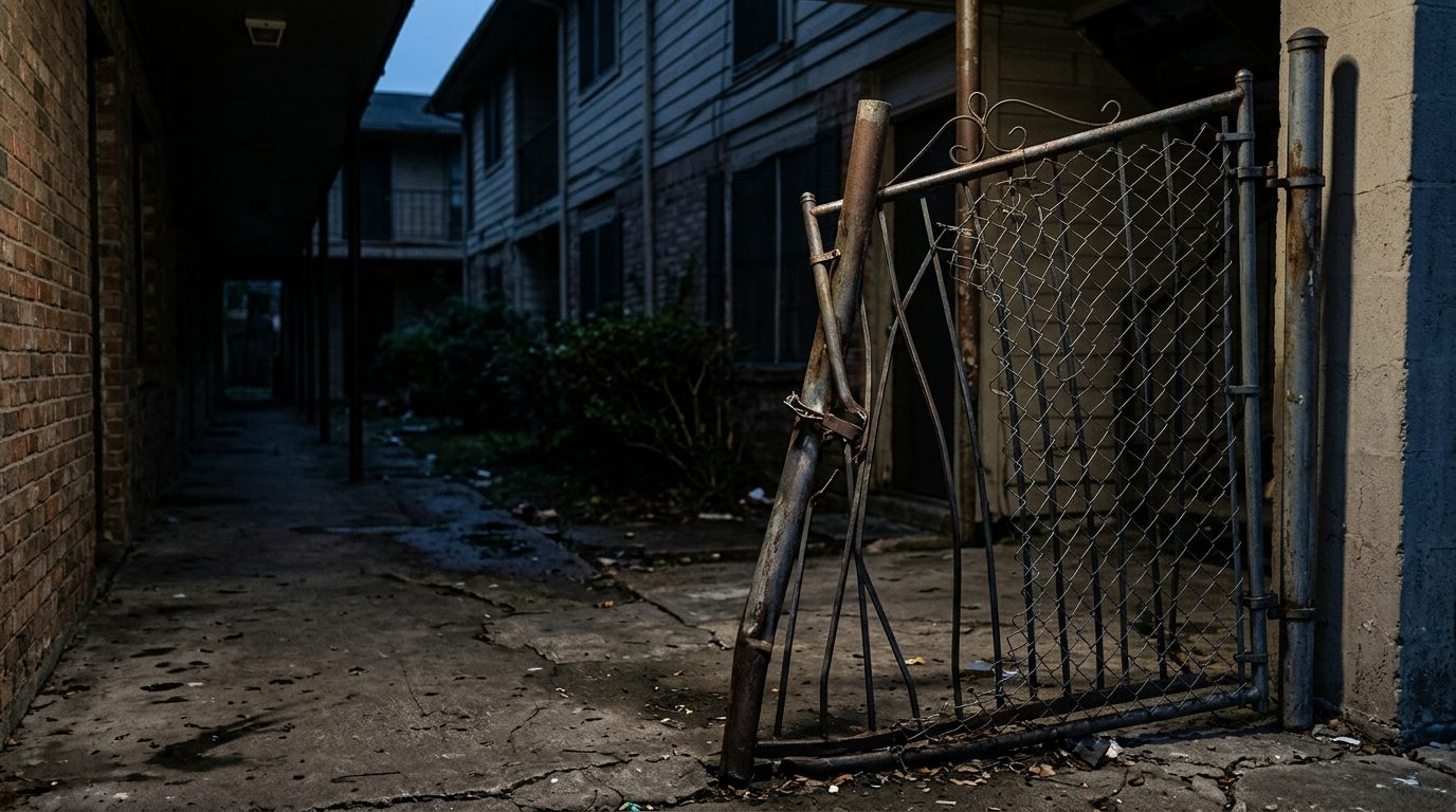 Unlit apartment walkway with broken security gate on unsafe property.