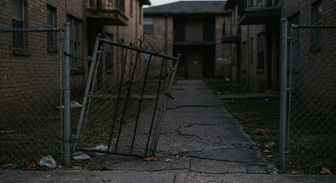 Unlit apartment walkway with broken security gate.
