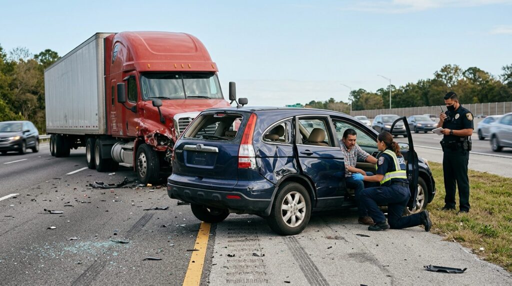 Vehículos dañados después de accidente grave en carretera de Florida.