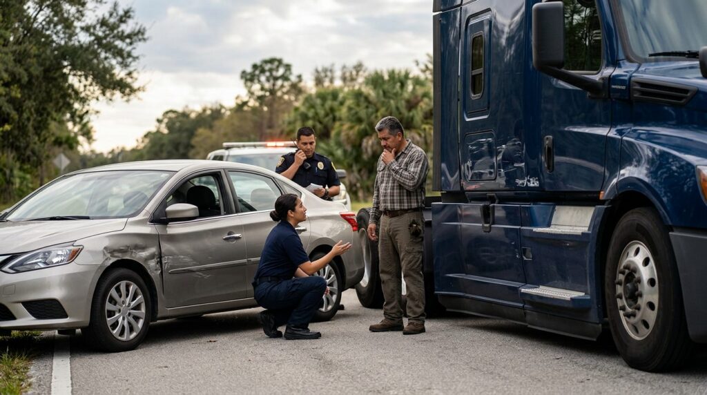 Vehículos dañados después de accidente grave en carretera de Florida.