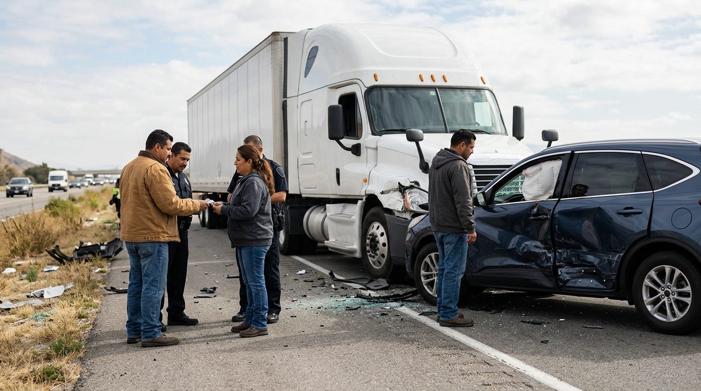 Vehículos dañados después de accidente vehicular grave entre camión y auto.