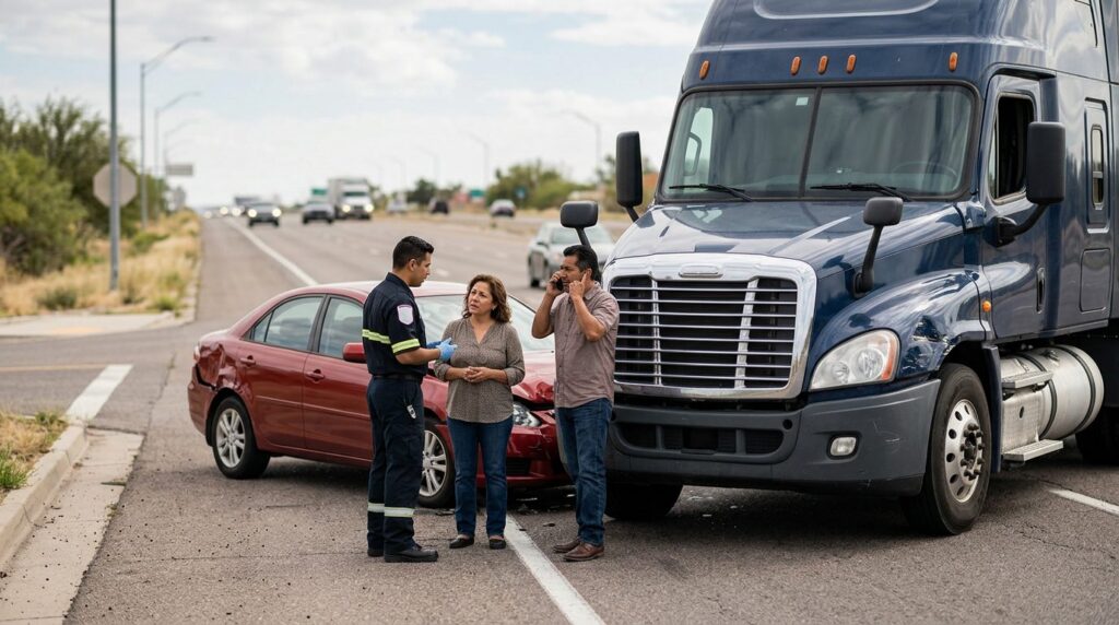 Vehículos dañados tras accidente grave en carretera con personas hispanas.