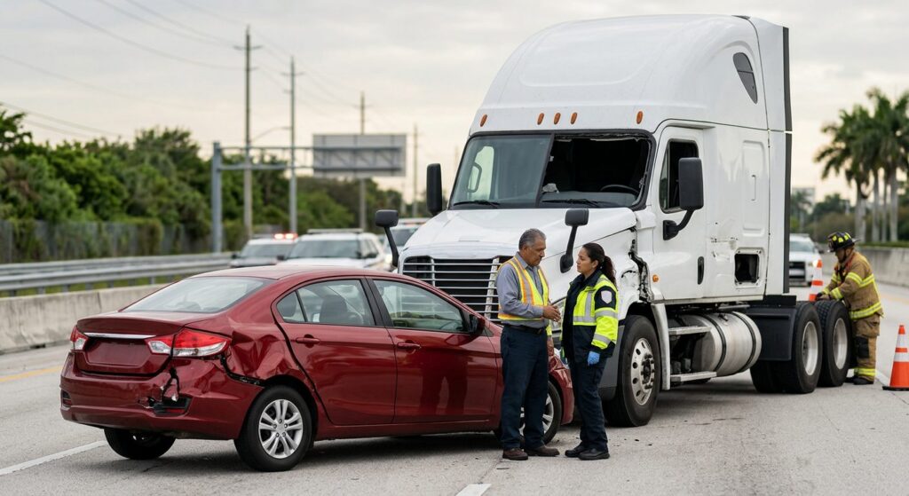 Vehículos dañados tras accidente grave en carretera de Miami.