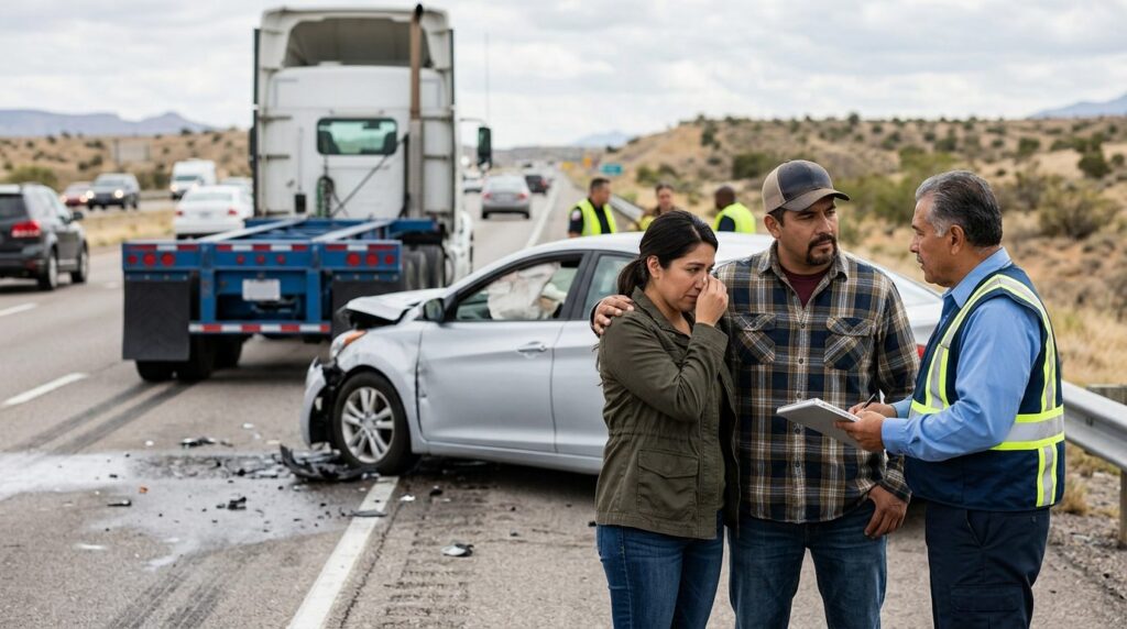 Vehículos dañados tras accidente grave entre camión y auto.
