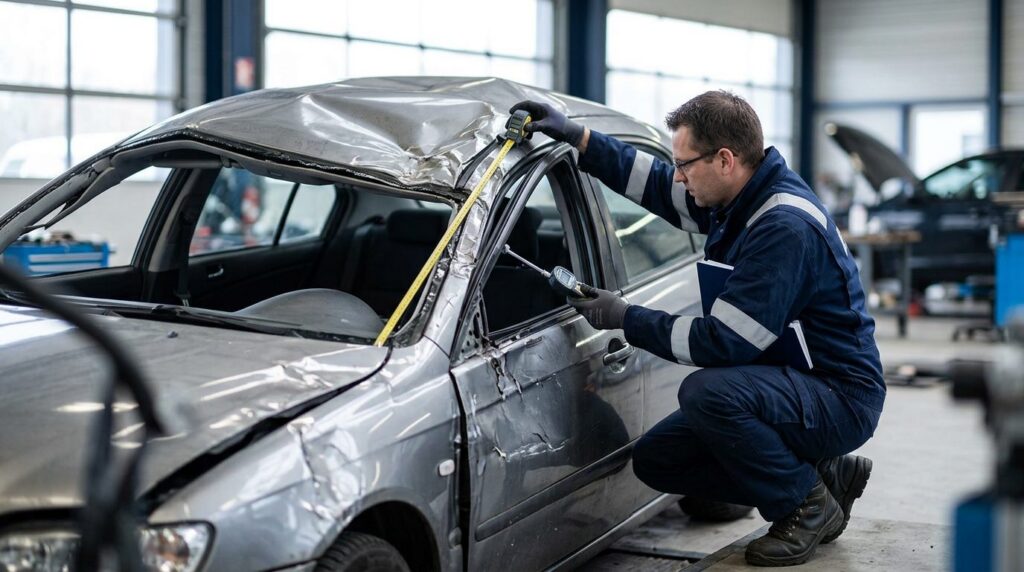 Vehicle safety investigator measuring damage on a rolled-over sedan in inspection bay.