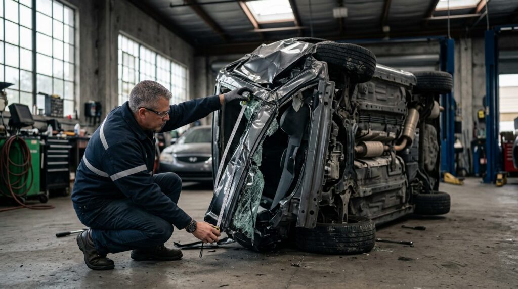 Vehicle safety investigator measuring damage on a rolled-over sedan in inspection bay.