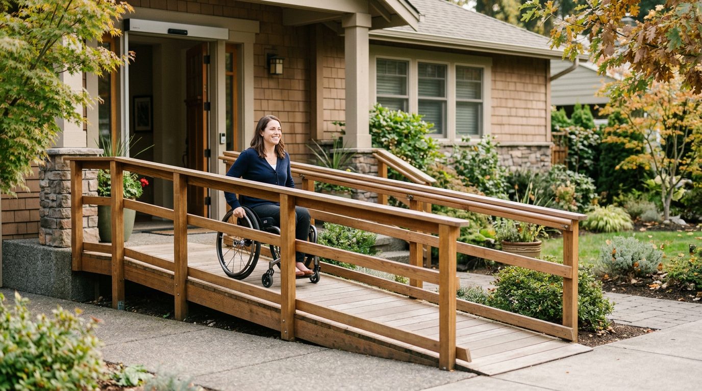 Wheelchair ramp and accessible home modifications for mobility assistance.