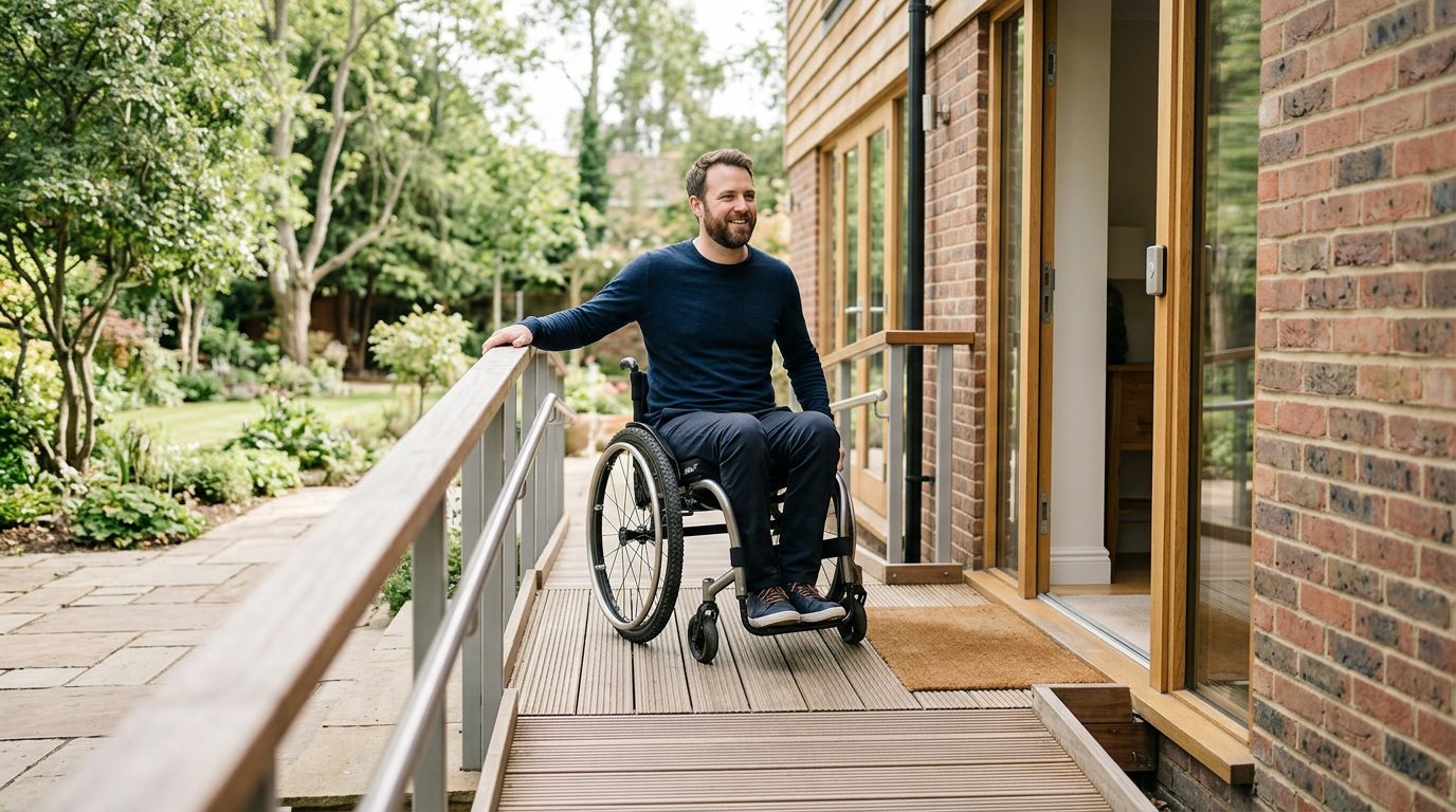 Wheelchair ramp and accessible home modifications for mobility support.