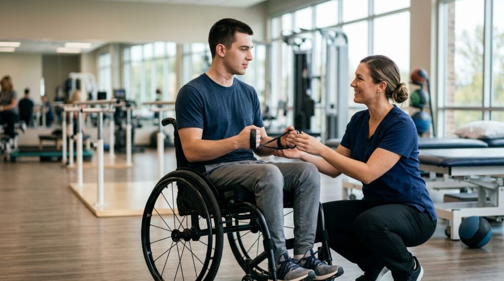 Young adult in wheelchair working with physical therapist in spinal cord injury rehabilitation gym.