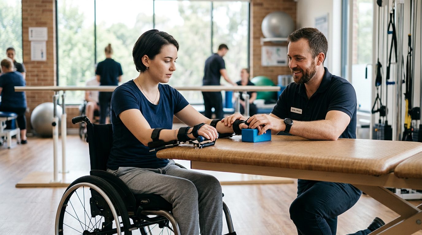 Young adult in wheelchair working with physical therapist in spinal cord injury rehabilitation gym.