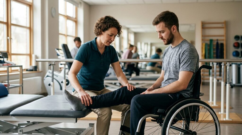 Young adult in wheelchair working with physical therapist in spinal injury rehabilitation gym.