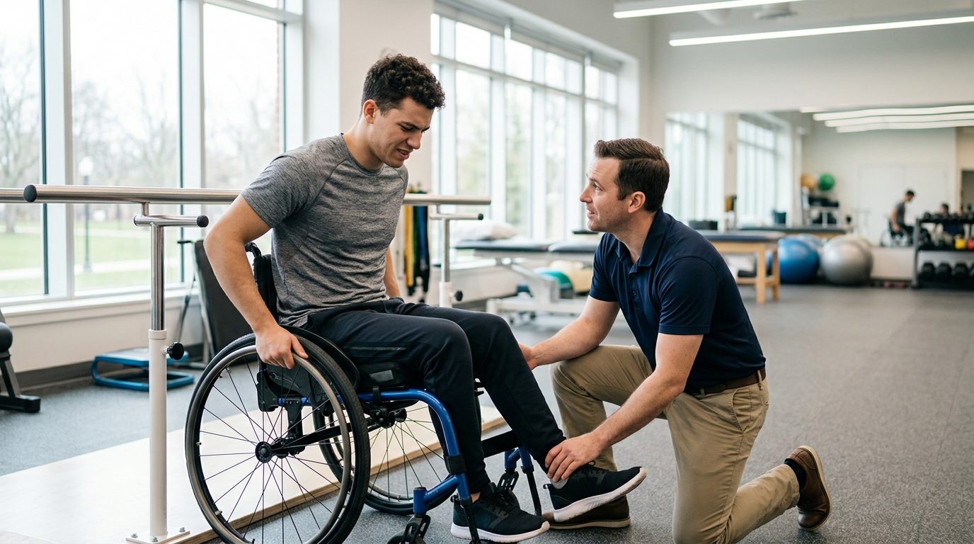 Young adult in wheelchair working with physical therapist in rehabilitation gym.
