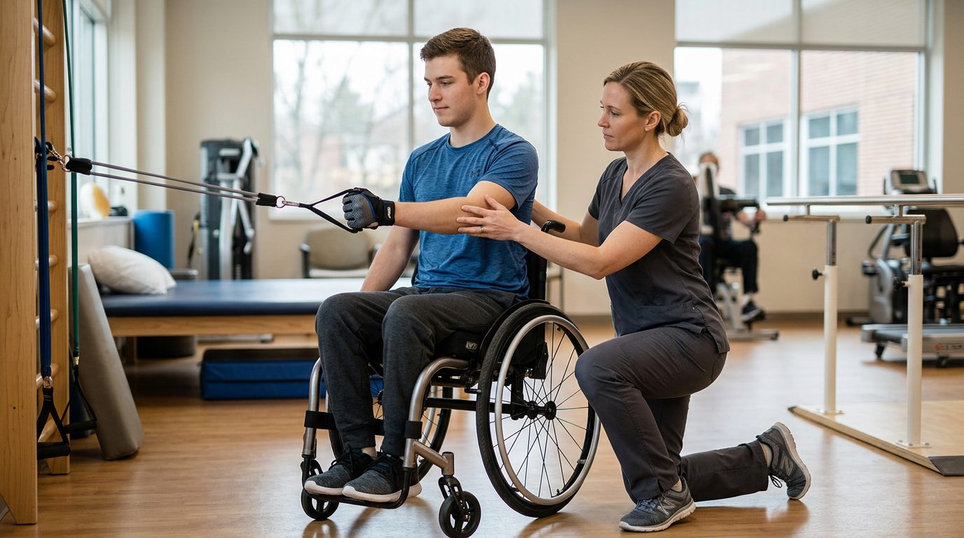 Young adult in wheelchair working with physical therapist in spinal cord injury rehabilitation gym.