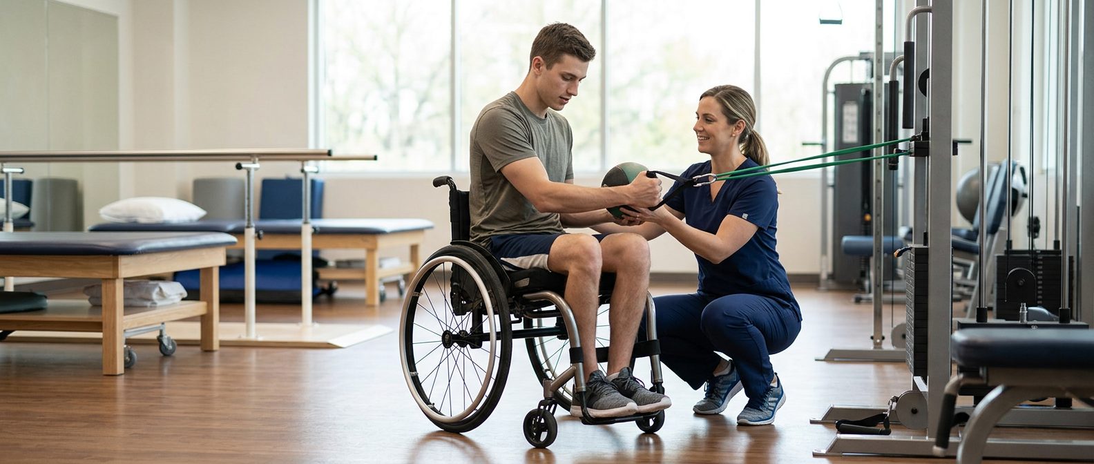 Young adult in wheelchair working with physical therapist in spinal cord injury rehabilitation gym.