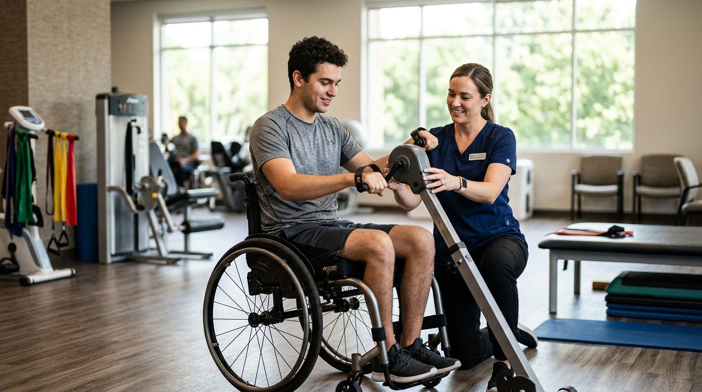 Young adult in wheelchair working with physical therapist in rehabilitation gym.