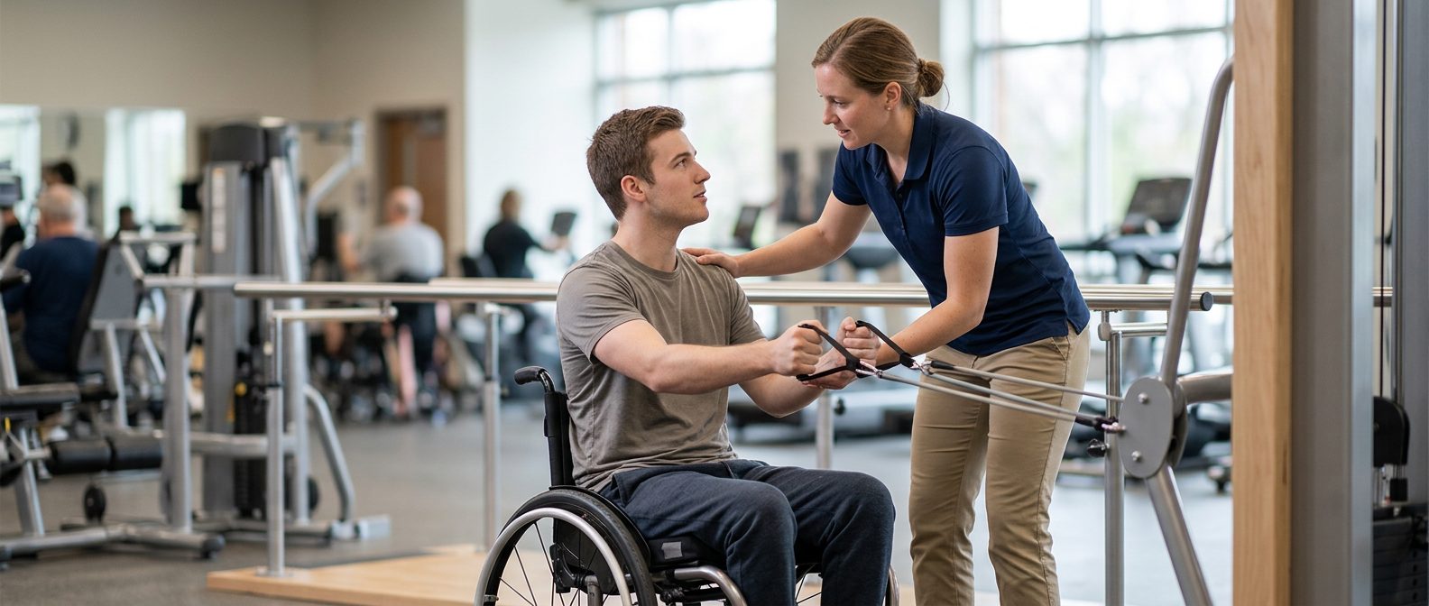 Young adult in wheelchair working with physical therapist in spinal cord injury rehabilitation gym.
