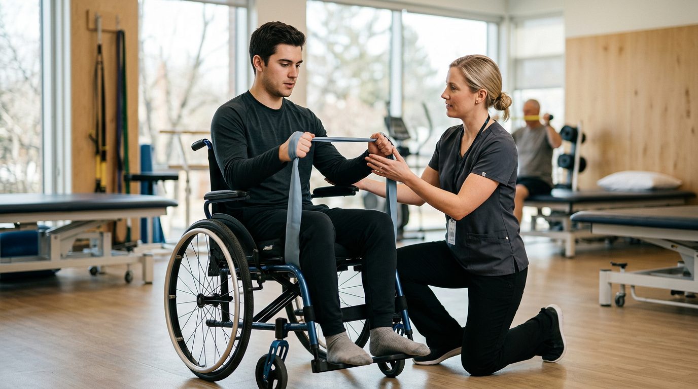 Young adult in wheelchair working with physical therapist in spinal cord injury rehabilitation gym.
