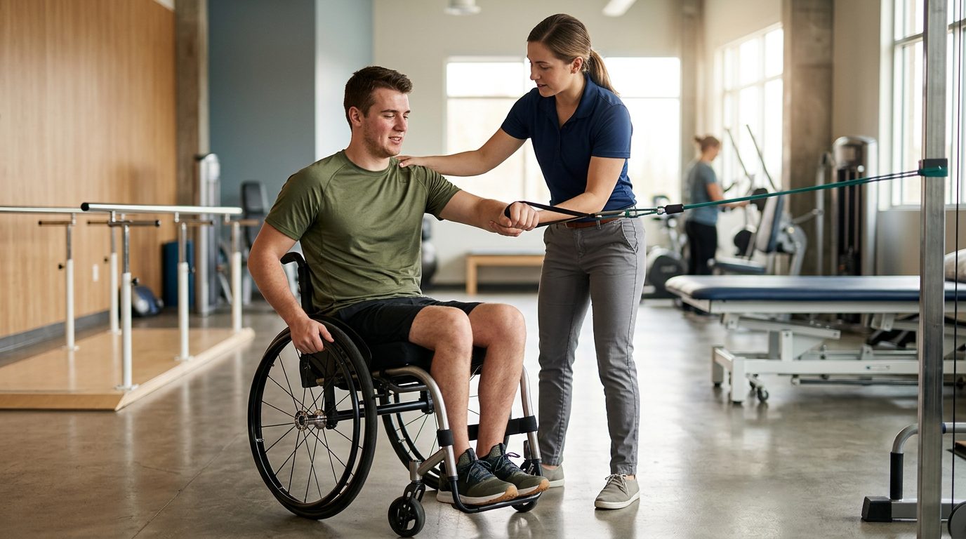 Young adult in wheelchair working with physical therapist in spinal cord injury rehabilitation gym.