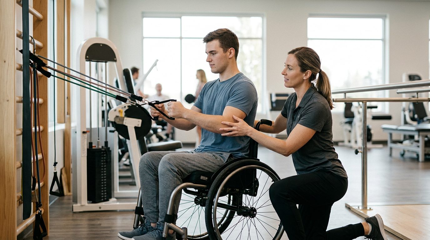 Young adult in wheelchair working with physical therapist in rehabilitation gym.