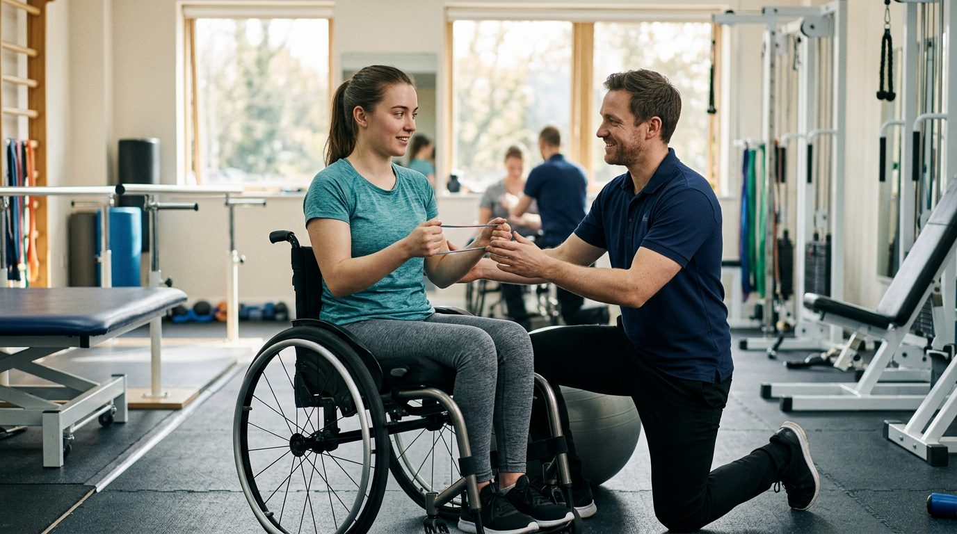 Young adult in wheelchair working with physical therapist in spinal cord injury rehabilitation gym.