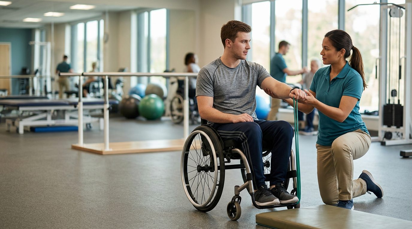 Young adult in wheelchair working with physical therapist in spinal cord injury rehabilitation gym.