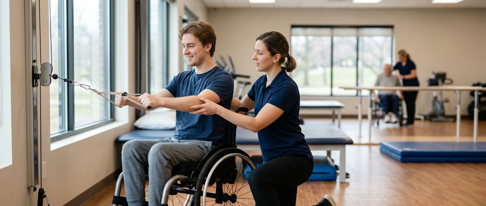 Young adult in wheelchair working with physical therapist in spinal cord injury rehabilitation gym.