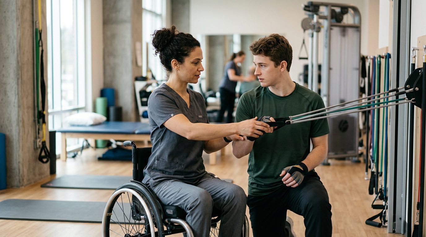 Young adult in wheelchair working with physical therapist in spinal cord injury rehabilitation gym.