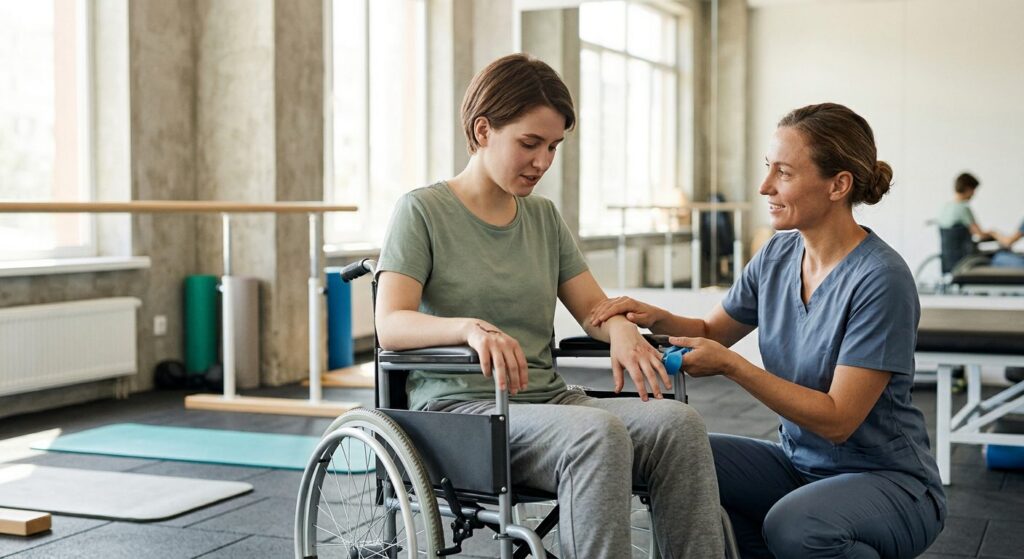 Young adult in wheelchair working with physical therapist in spinal cord injury rehabilitation gym.